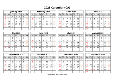 printable canada calendar 2023 with holidays (landscape)
