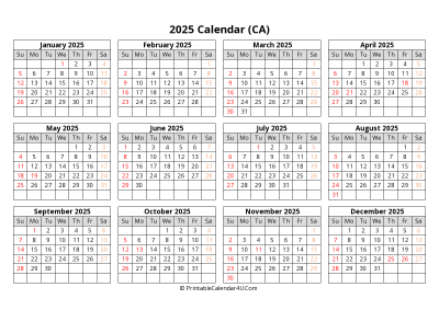 printable canada calendar 2025 with holidays (landscape)