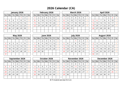printable canada calendar 2026 with holidays (landscape)