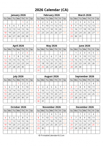 printable canada calendar 2026 with holidays (portrait)