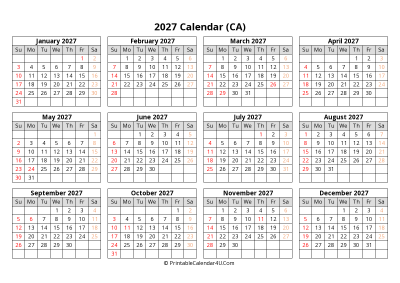 printable canada calendar 2027 with holidays (landscape)