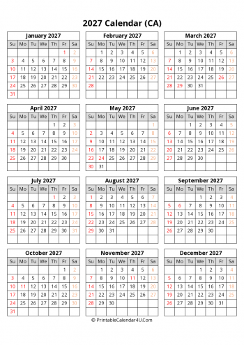 printable canada calendar 2027 with holidays (portrait)