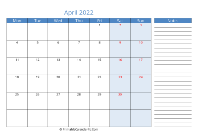 printable monthly calendar april 2022 with week start on monday