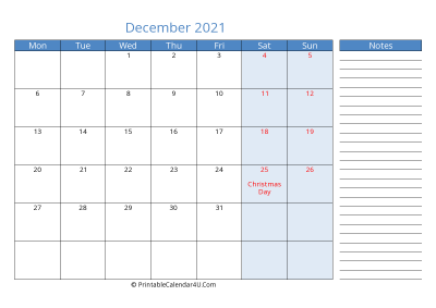 printable monthly calendar december 2021 with week start on monday