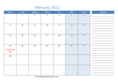 printable monthly calendar february 2022 with week start on monday