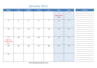 printable monthly calendar january 2022 with week start on monday