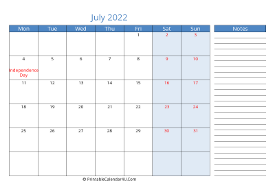 printable monthly calendar july 2022 with week start on monday