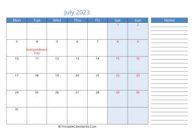 printable monthly calendar july 2023 with week start on monday