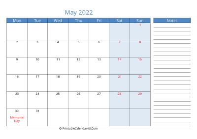 printable monthly calendar may 2022 with week start on monday