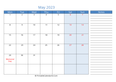 printable monthly calendar may 2023 with week start on monday
