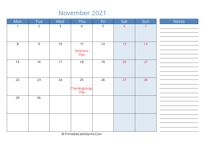 printable monthly calendar november 2021 with week start on monday