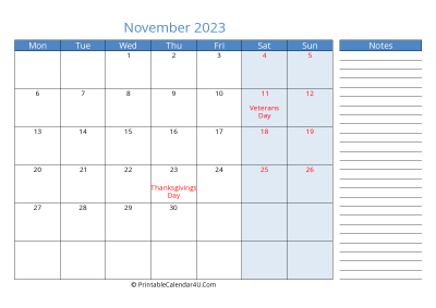 printable monthly calendar november 2023 with week start on monday