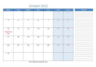 printable monthly calendar october 2022 with week start on monday