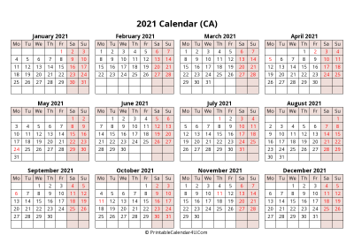 yearly 2021 canada calendar with weeks start on monday (landscape)
