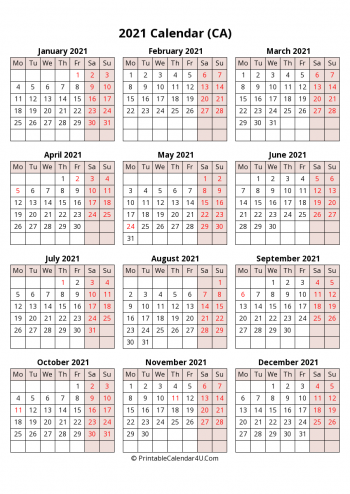yearly 2021 canada calendar with weeks start on monday (portrait)