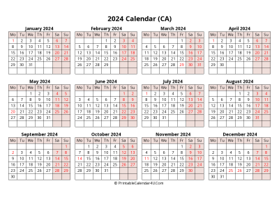yearly 2024 canada calendar with weeks start on monday (landscape)