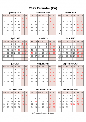 yearly 2025 canada calendar with weeks start on monday (portrait)