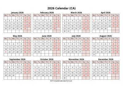yearly 2026 canada calendar with weeks start on monday (landscape)