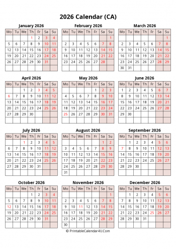 yearly 2026 canada calendar with weeks start on monday (portrait)