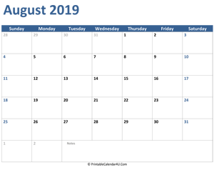 2019 august calendar with notes