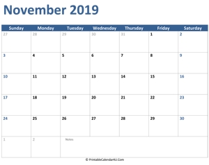 2019 november calendar with notes