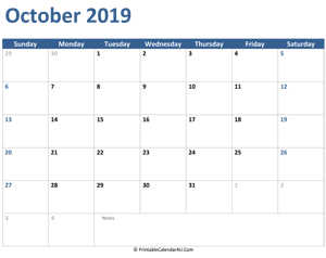 2019 october calendar with notes