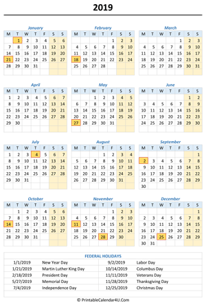 2019 portrait calendar with holidays