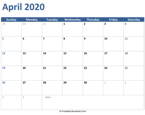 2020 april calendar with notes