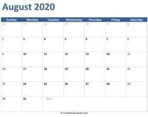 2020 august calendar with notes