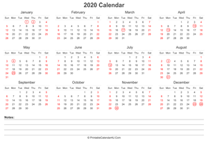 2020 calendar with uk bank holidays and notes landscape layout