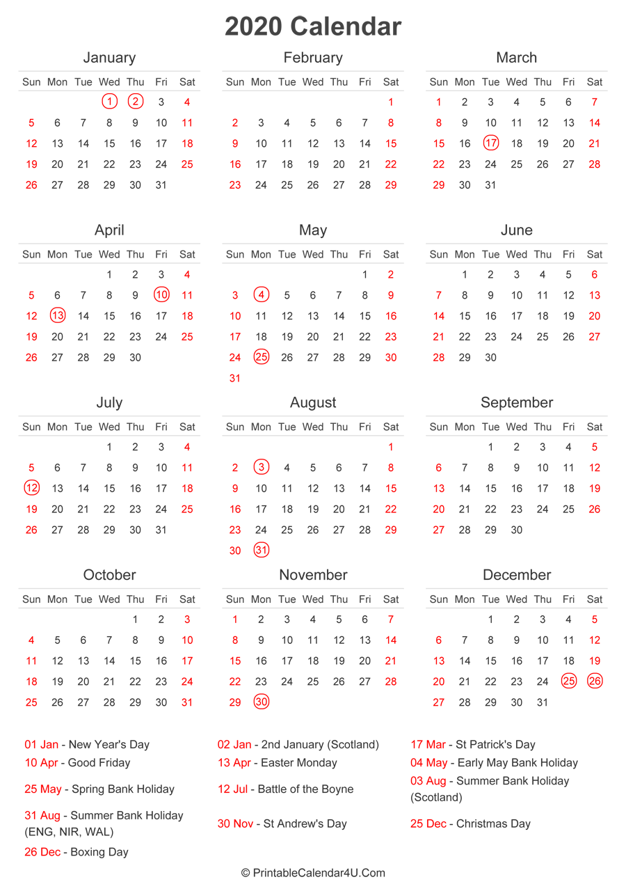 2020 calendar with uk bank holidays at bottom portrait layout