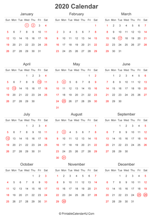 2020 calendar with uk bank holidays highlighted portrait layout