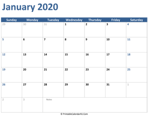 2020 january calendar with notes