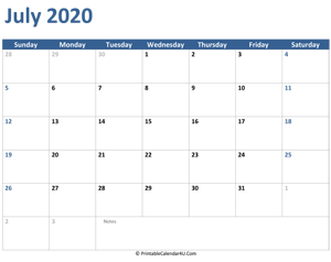 2020 july calendar with notes