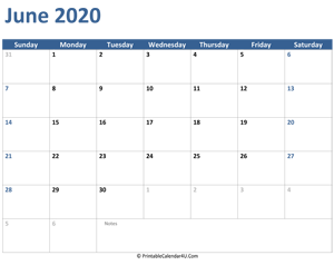 2020 june calendar with notes