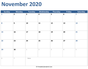 2020 november calendar with notes