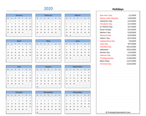 2020 printable calendar with holidays
