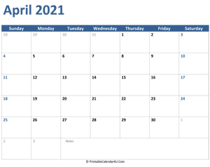 2021 april calendar with notes