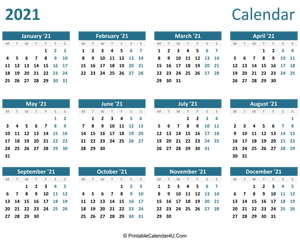 2021 calendar printable landscape layout