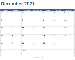 2021 december calendar with notes
