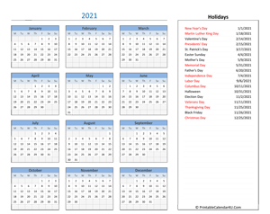 2021 printable calendar with holidays