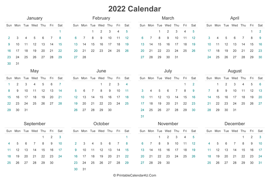 2022 Calendar Printable (Landscape Layout)