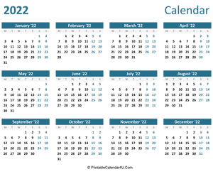 2022 calendar printable landscape layout