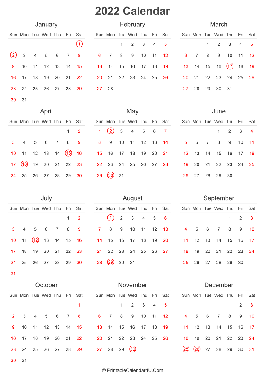 2022 Calendar with UK Bank Holidays highlighted (Portrait Layout)