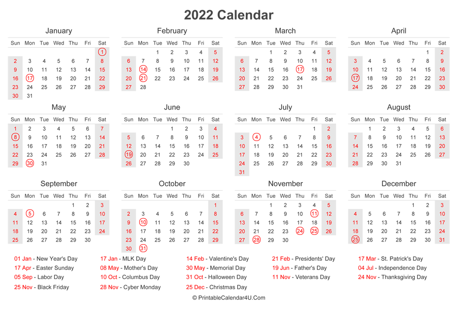 2022 calendar with us holidays at bottom landscape layout