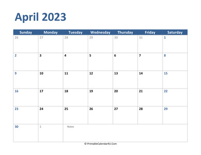 2023 april calendar with notes