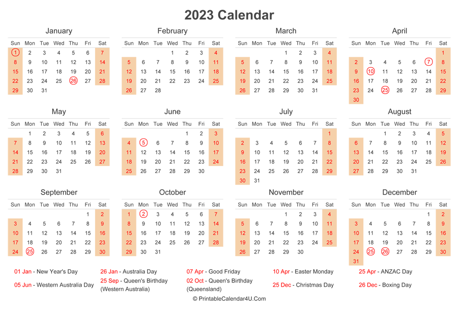 2023 Calendar with Australia Holidays at bottom (Landscape Layout)