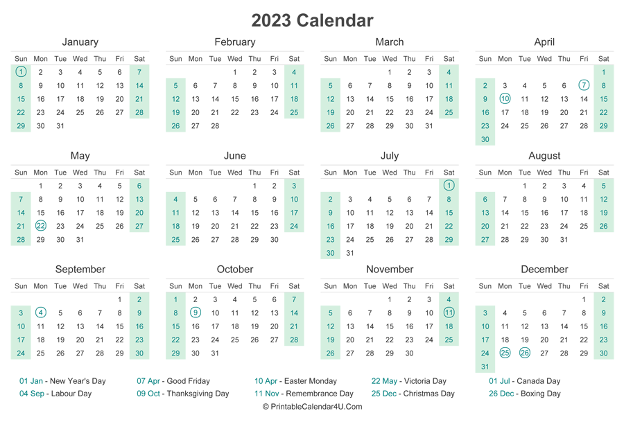 2023 Calendar Canada Printable Pdf - Time and Date Calendar 2023 Canada