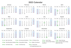 2023 calendar with uk bank holidays at bottom landscape layout