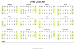 2023 calendar with us holidays and notes landscape layout